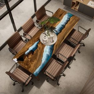 round dining table with wood legs and stone top