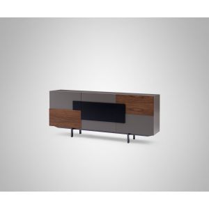 long side board in a wood finish with orange trim