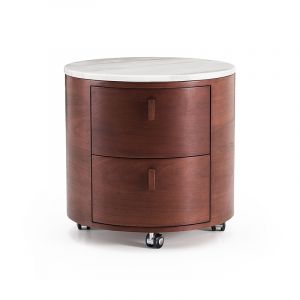 round marble bedside table in a walnut finish