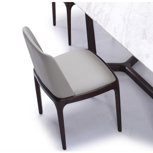 Modern affordable dining chair with a solid wood base and fabric or leather upholstery. On sale at our Hong Kong furniture store - DSL Furniture 