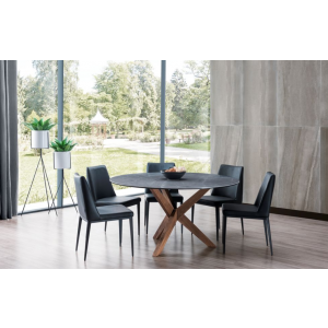 round dining table with wood legs and stone top